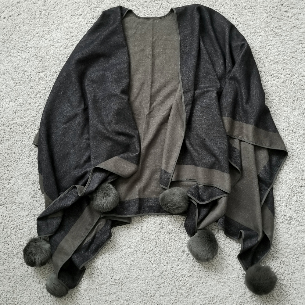 NWOT Cashmere & Silk Blend Wrap with Rabbit Fur Pom Poms